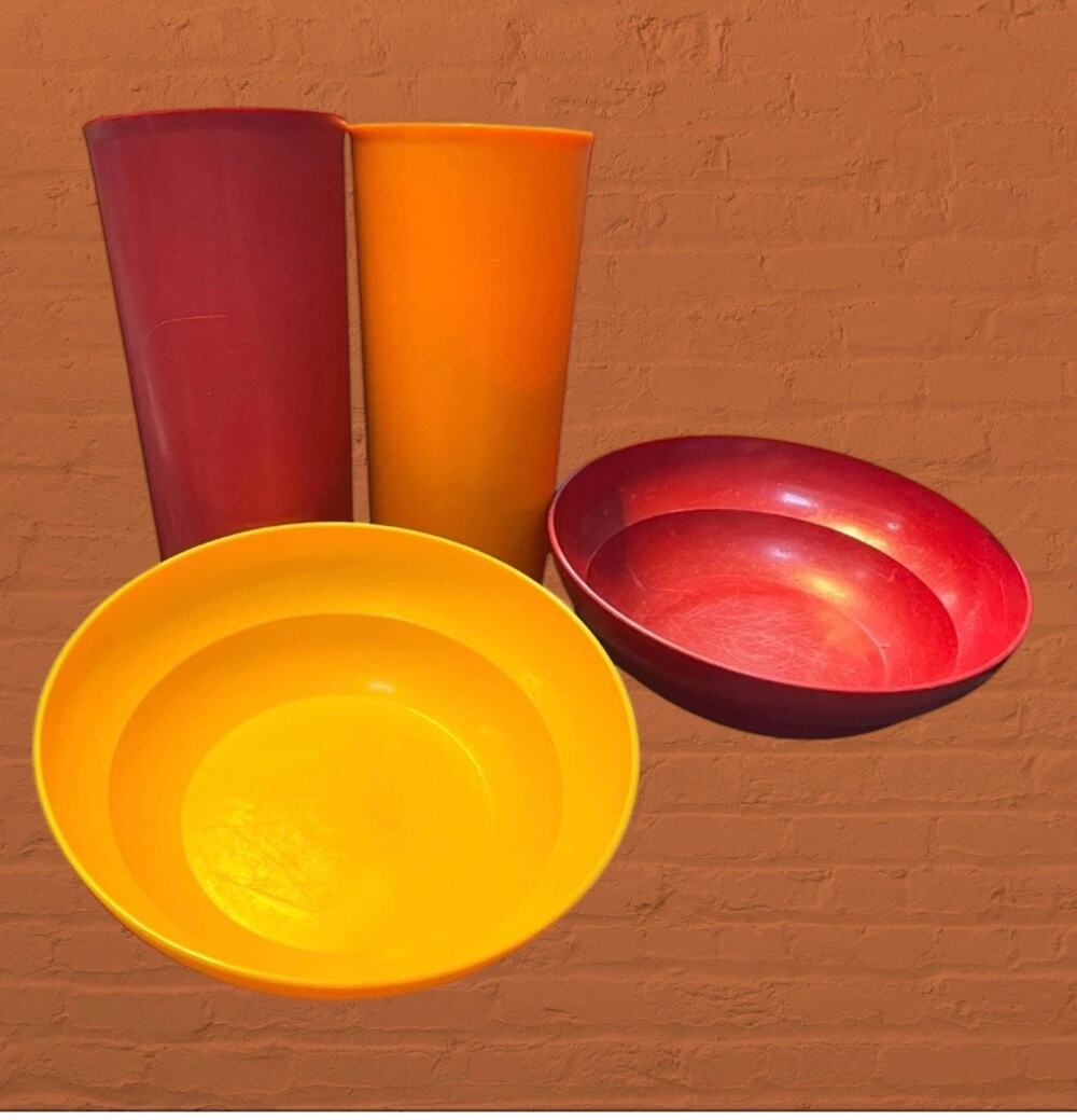 Tupperware Retro Amber Orange Bowls & Cups Set 1348 155 Kitchen Picnic Vintage